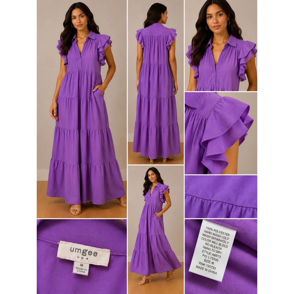 Umgee Purple Tiered Maxi Dress Ruffle Cap Sleeve V-Neck Pockets Medium A6973 - Picture 2 of 10